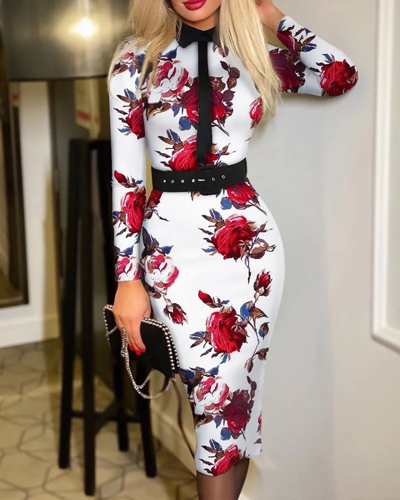Elegant Commute Belt Bodycon Dress Vintage Print Long Sleeve Dress for Women