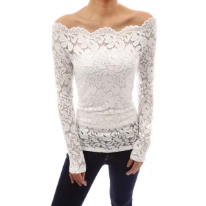 Fashion Autumn Sexy Women Blouses Off Shoulder Lace Crochet Shirts Long Sleeve Casual Tops Blouse Plus Size