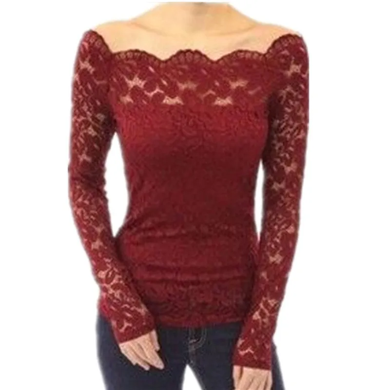 Fashion Autumn Sexy Women Blouses Off Shoulder Lace Crochet Shirts Long Sleeve Casual Tops Blouse Plus Size