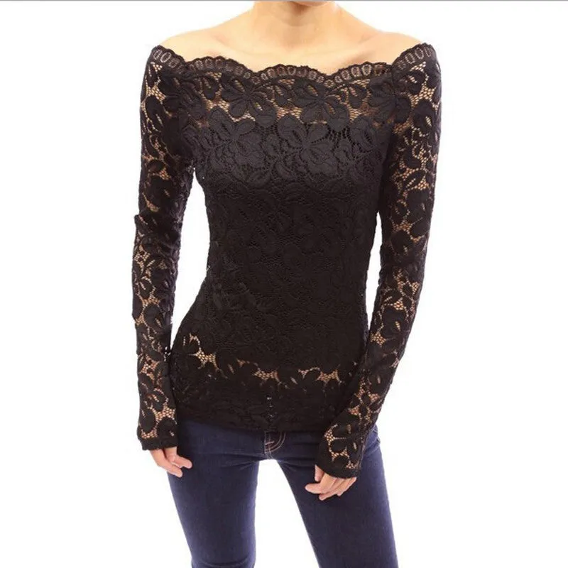 Fashion Autumn Sexy Women Blouses Off Shoulder Lace Crochet Shirts Long Sleeve Casual Tops Blouse Plus Size