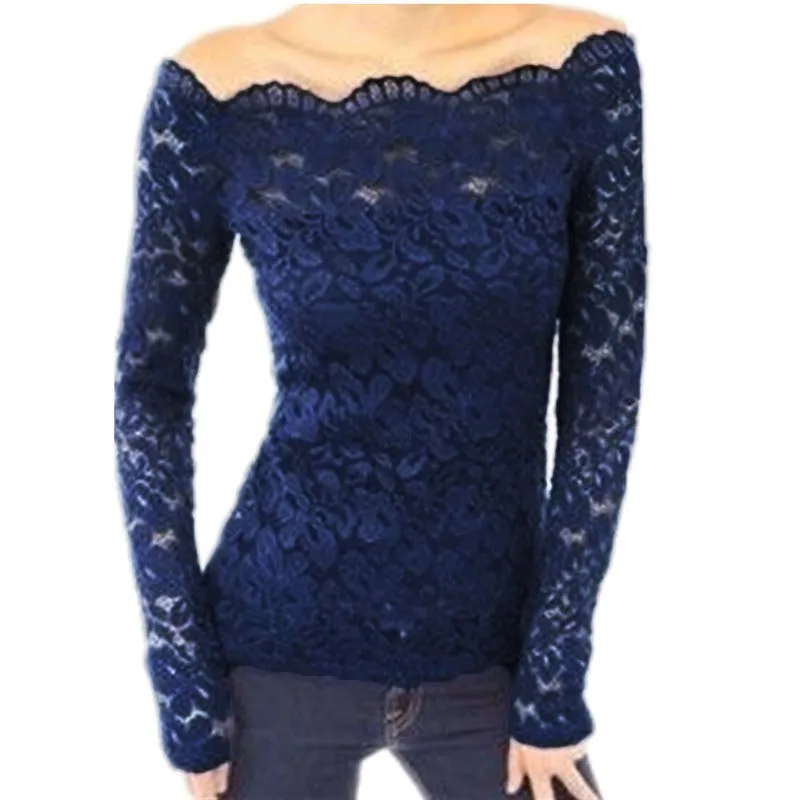 Fashion Autumn Sexy Women Blouses Off Shoulder Lace Crochet Shirts Long Sleeve Casual Tops Blouse Plus Size