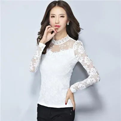 Fashion Large Size Women Lace long Sleeve Chiffon Blouses White Black Shirts Nylon Crochet Tops