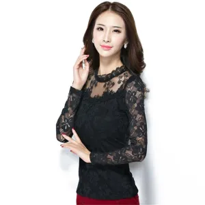 Fashion Large Size Women Lace long Sleeve Chiffon Blouses White Black Shirts Nylon Crochet Tops