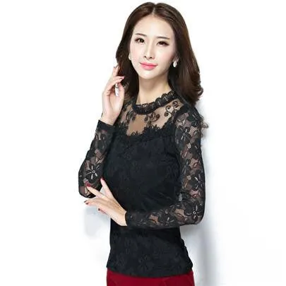 Fashion Large Size Women Lace long Sleeve Chiffon Blouses White Black Shirts Nylon Crochet Tops