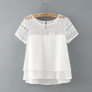 Fashion Short Sleeve Women Chiffon Blouses O-neck Plus Size Loose Lace Blouse Shirts Casual Tops