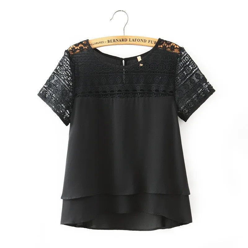 Fashion Short Sleeve Women Chiffon Blouses O-neck Plus Size Loose Lace Blouse Shirts Casual Tops