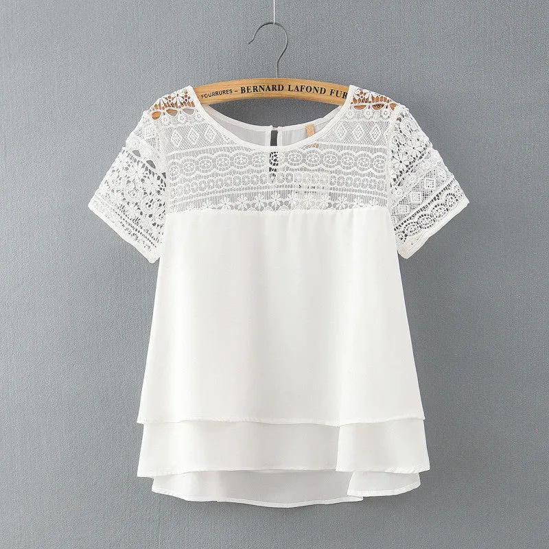 Fashion Short Sleeve Women Chiffon Blouses O-neck Plus Size Loose Lace Blouse Shirts Casual Tops