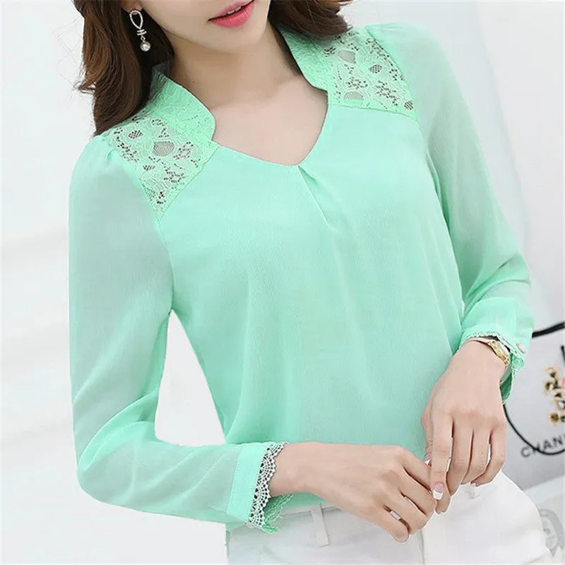 Fashion Women Blouse Elegant Office Long Sleeve Shirt Slim Crochet Hollow Lace Blouses Female LJ1273C