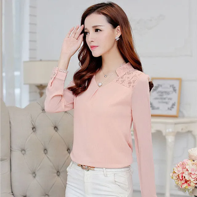 Fashion Women Blouse Elegant Office Long Sleeve Shirt Slim Crochet Hollow Lace Blouses Female LJ1273C
