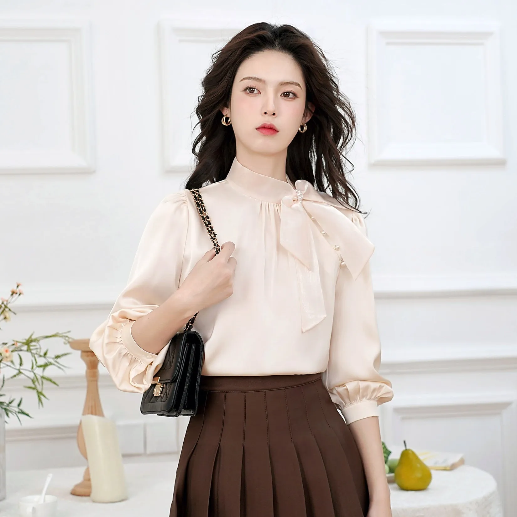 Feminine Solid Color Satin Blouse with Lace Details