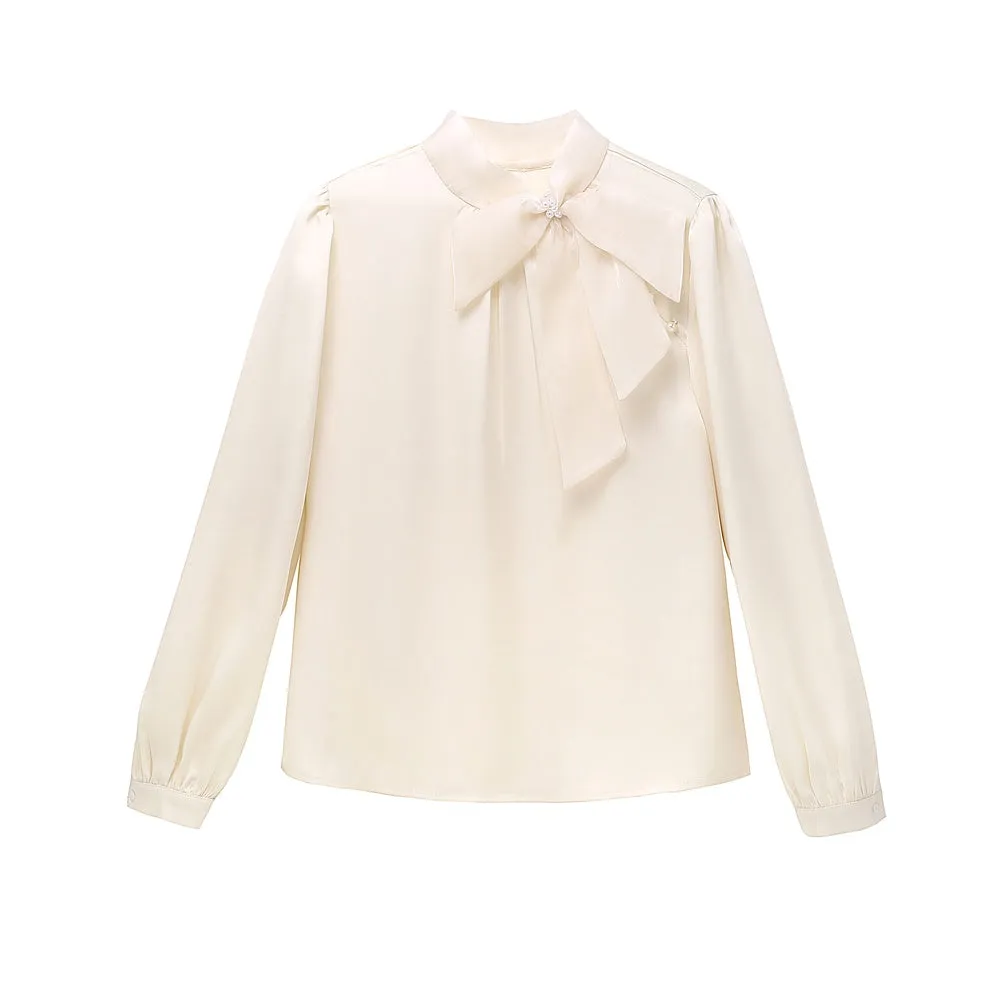 Feminine Solid Color Satin Blouse with Lace Details