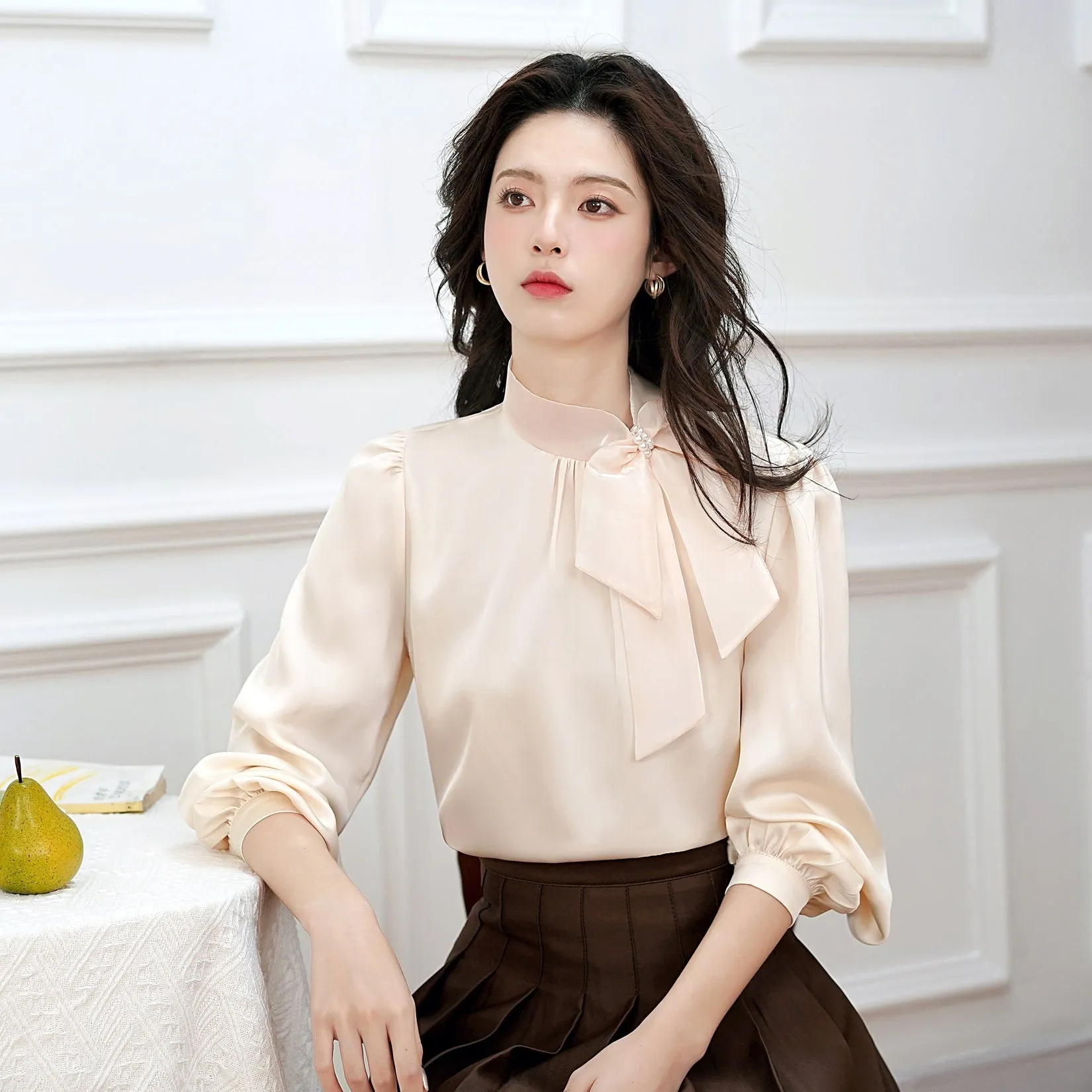 Feminine Solid Color Satin Blouse with Lace Details