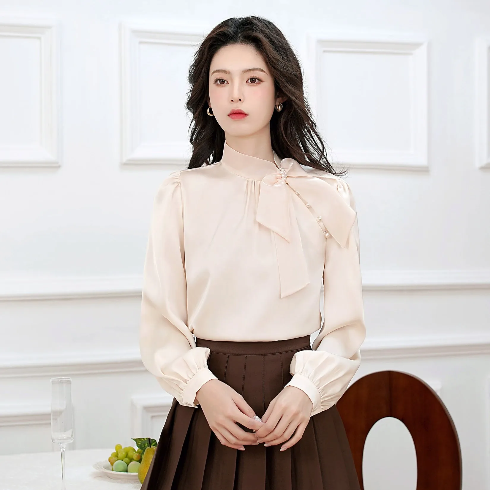 Feminine Solid Color Satin Blouse with Lace Details