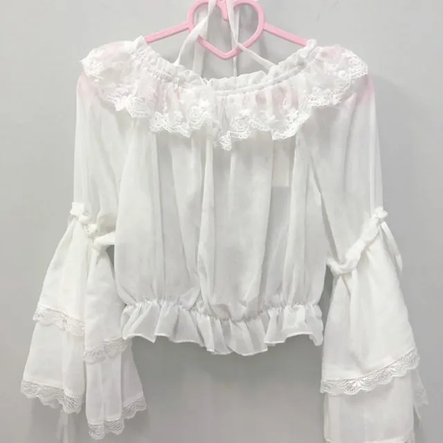 Flared-Sleeve Lace Trim Blouse / Bow Accent Overall Dress