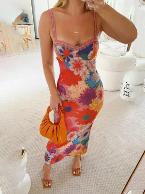 Floral Print Bodycon Dress with Lace Trim and Suspender Strap