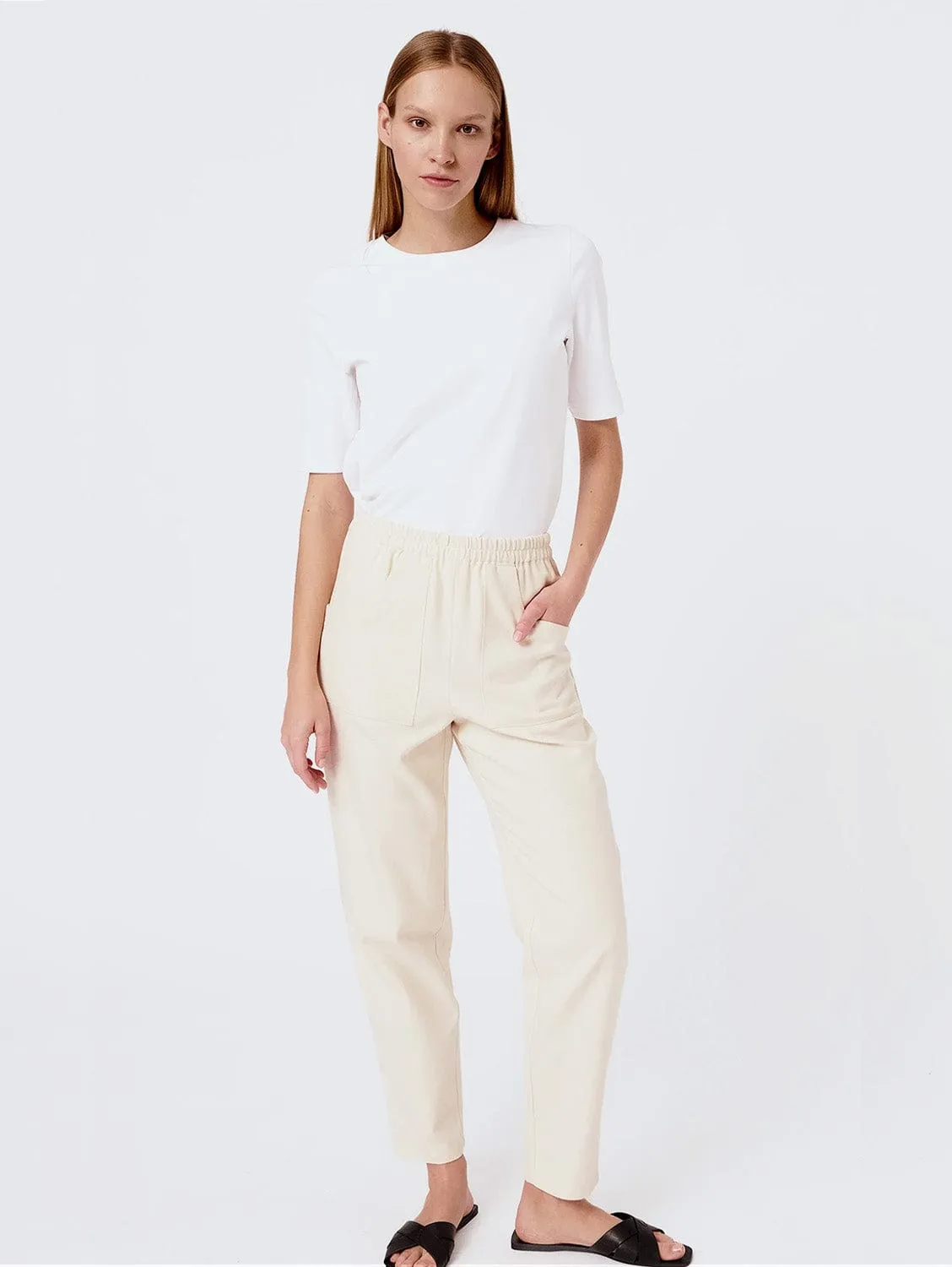 Front Detail Organic Cotton Long Trousers | Cream