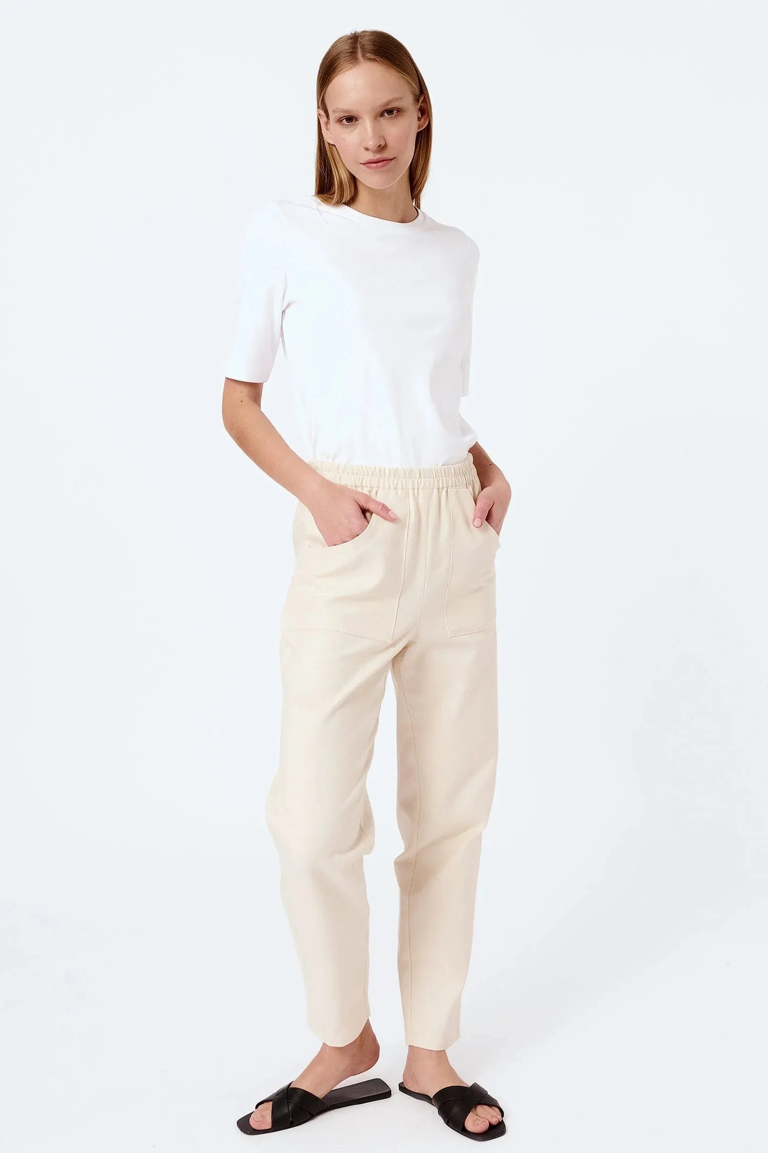 Front Detail Organic Cotton Long Trousers | Cream