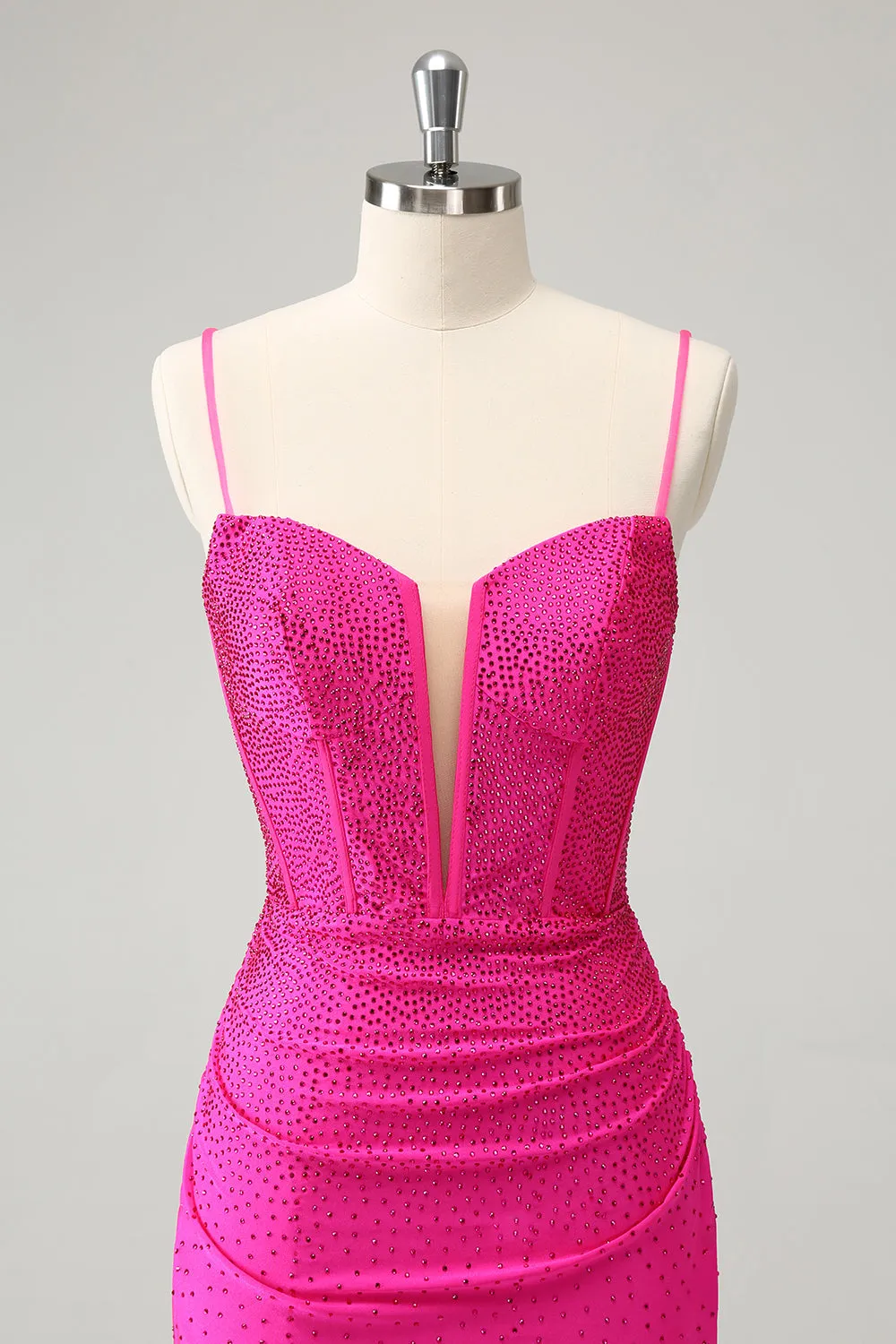 Fuchsia Bodycon Spaghetti Straps Corset Short Homecoming Dress with Beading