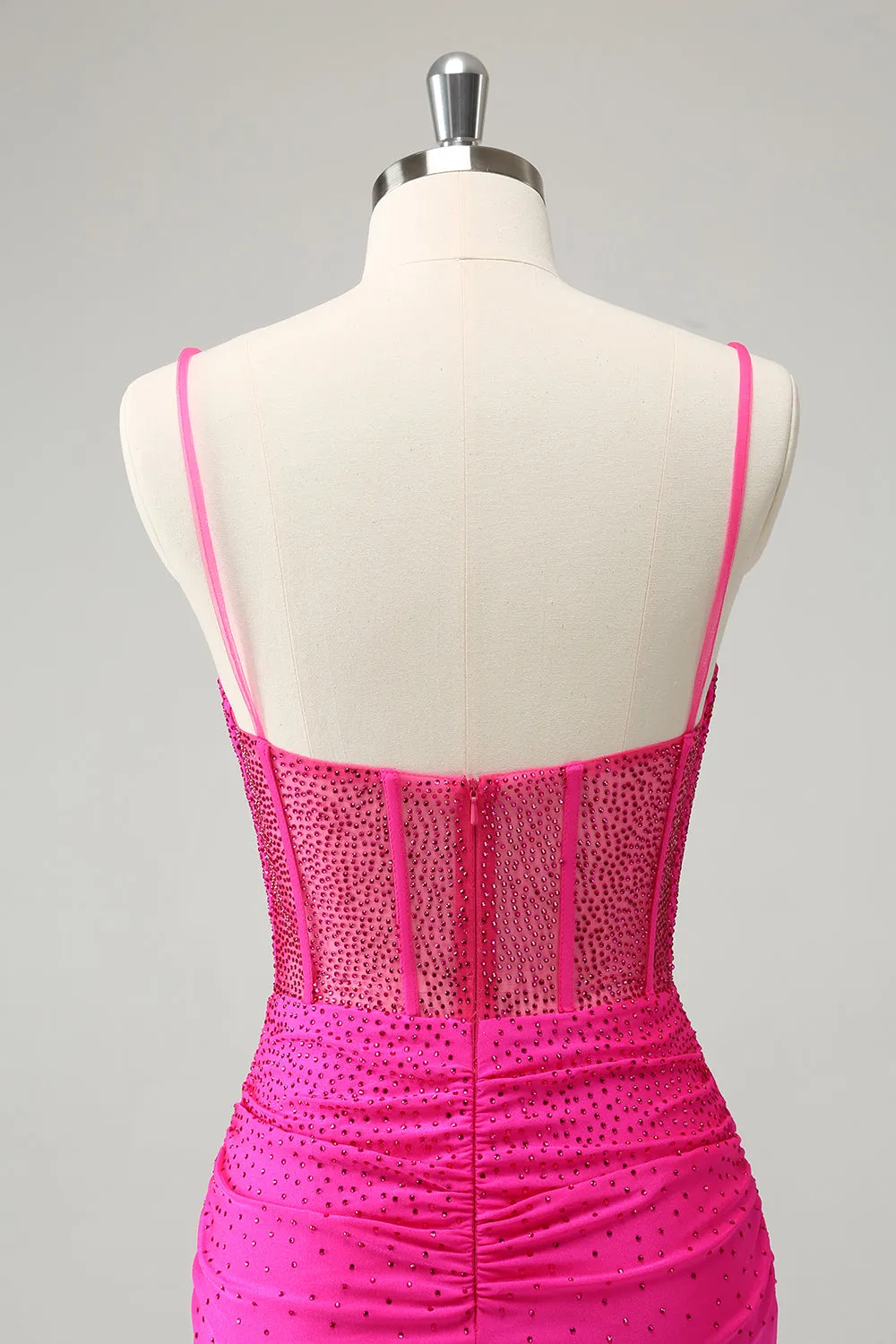 Fuchsia Bodycon Spaghetti Straps Corset Short Homecoming Dress with Beading
