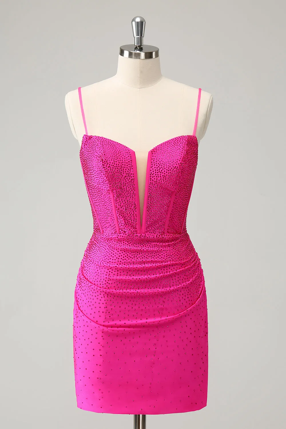 Fuchsia Bodycon Spaghetti Straps Corset Short Homecoming Dress with Beading