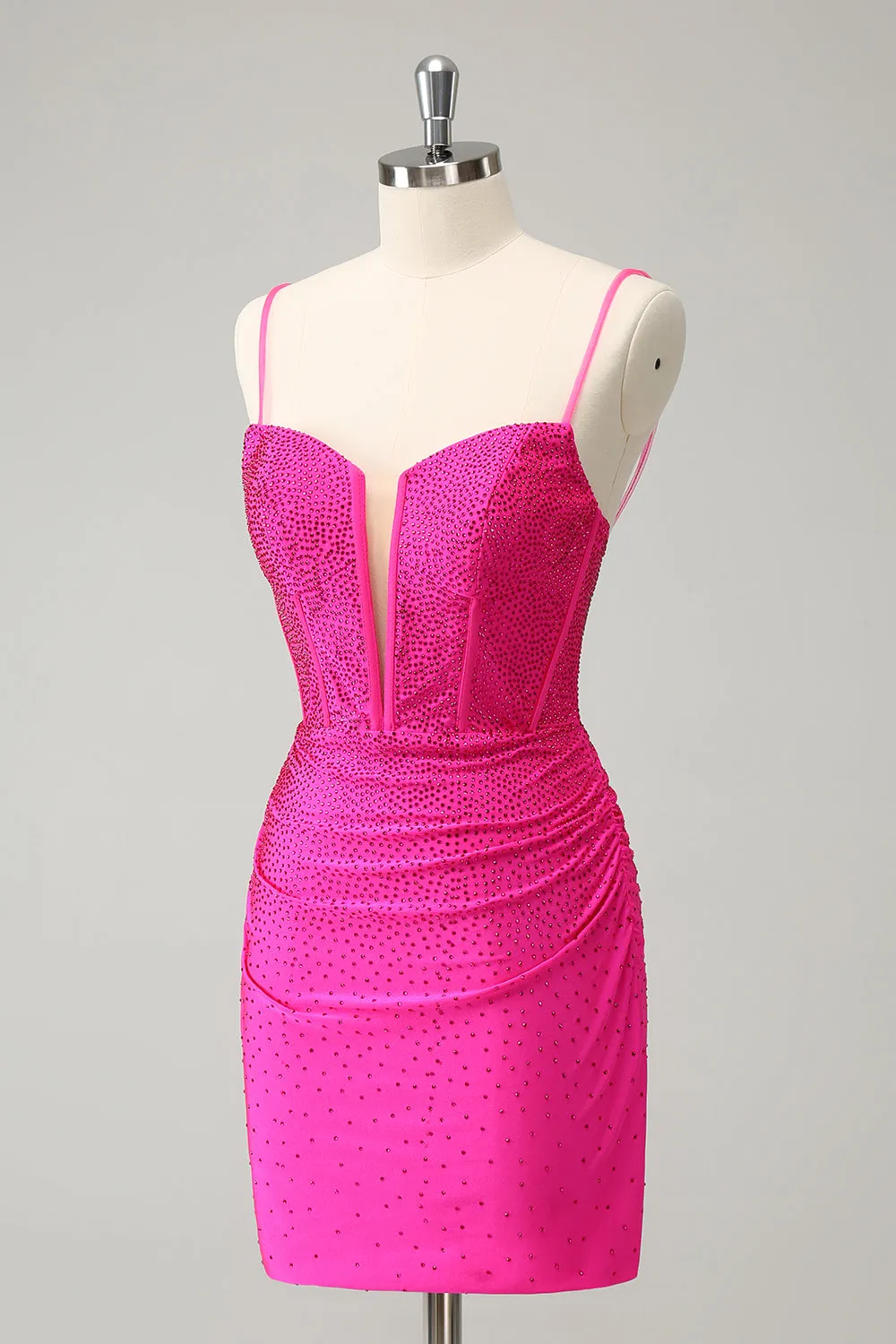 Fuchsia Bodycon Spaghetti Straps Corset Short Homecoming Dress with Beading