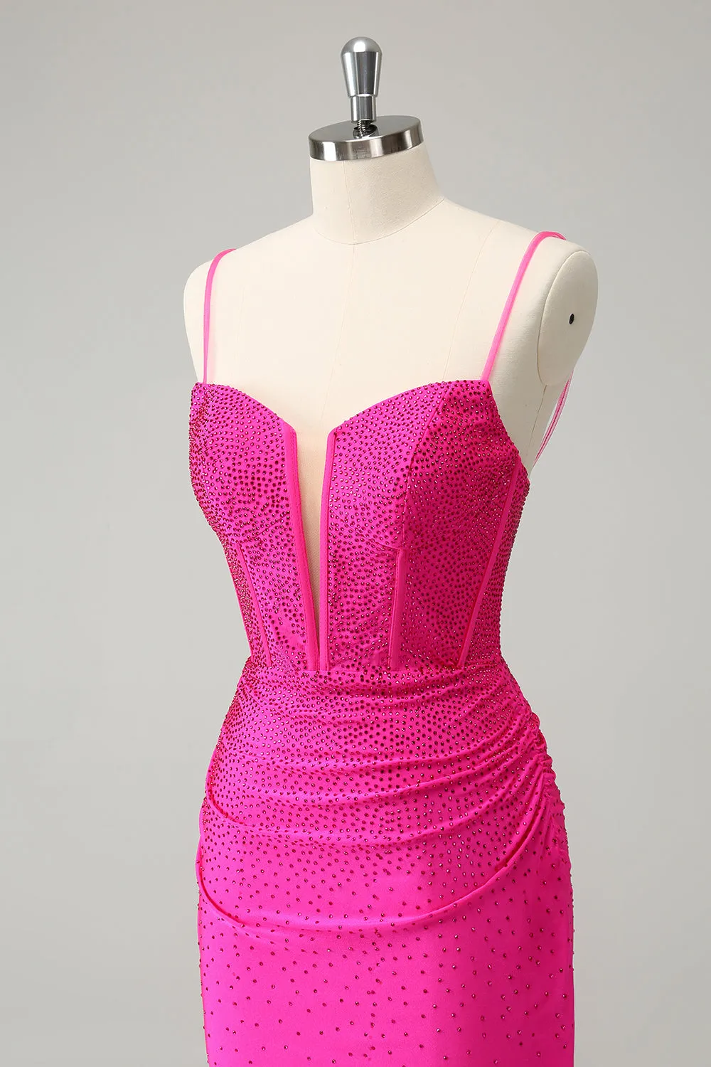 Fuchsia Bodycon Spaghetti Straps Corset Short Homecoming Dress with Beading