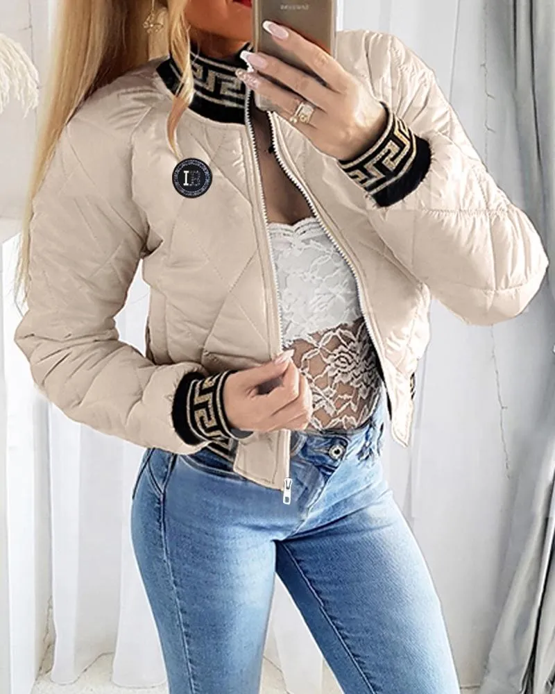 Geo Tape Patch Quilted Zipper Design Puffer Coat