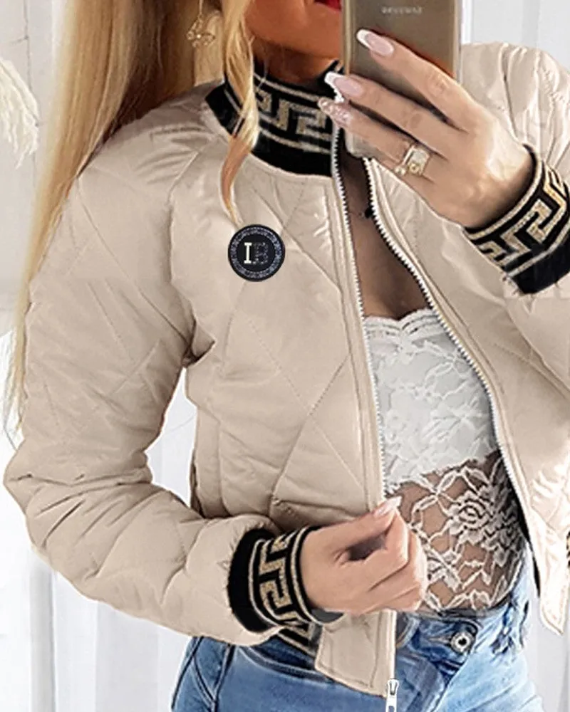 Geo Tape Patch Quilted Zipper Design Puffer Coat