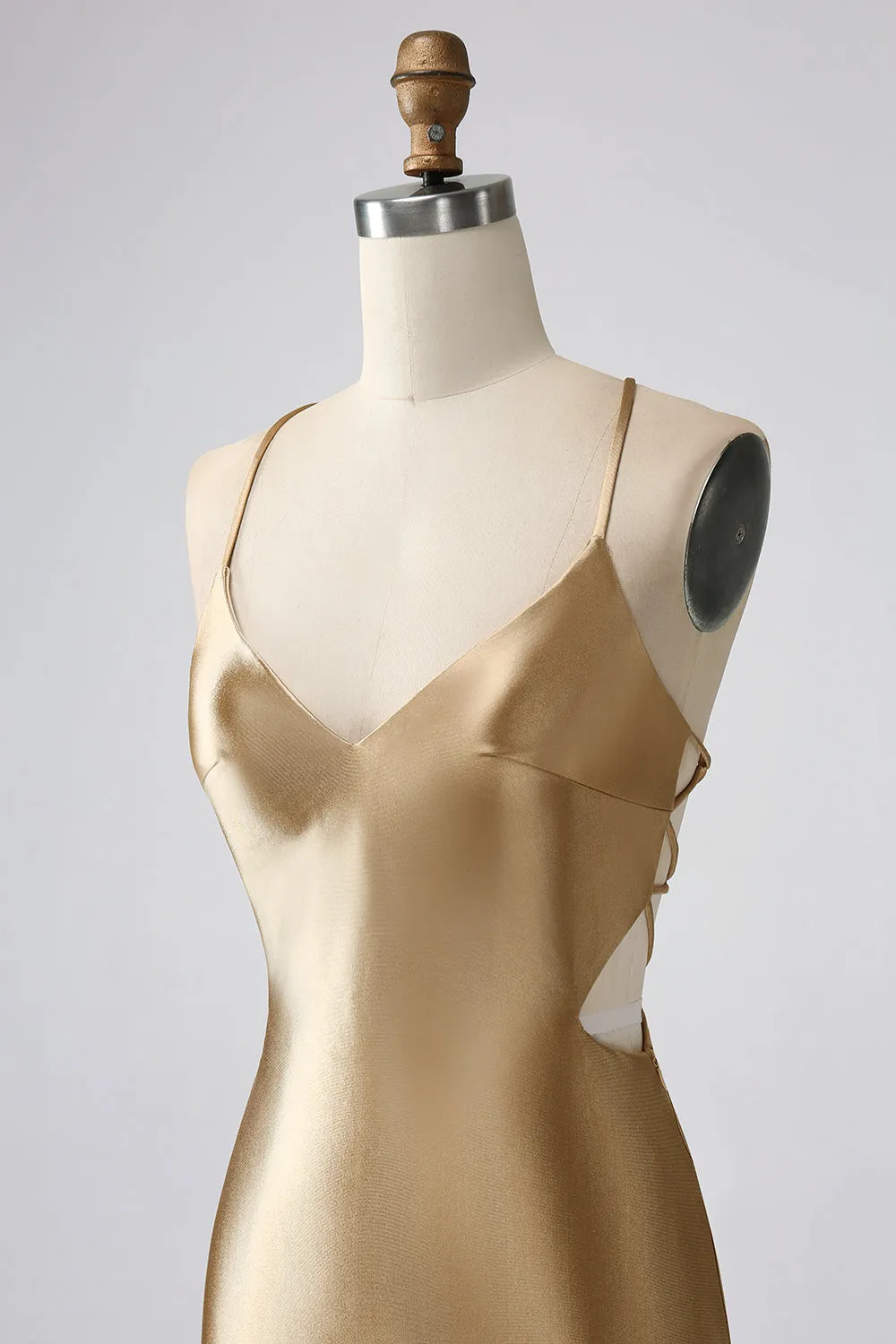 Golden Bodycon Spaghetti Straps Lace-up Back Short Homecoming Dress