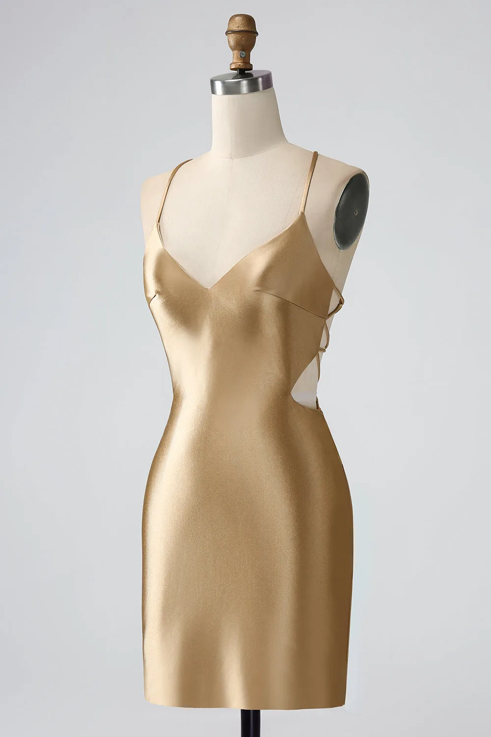 Golden Bodycon Spaghetti Straps Lace-up Back Short Homecoming Dress