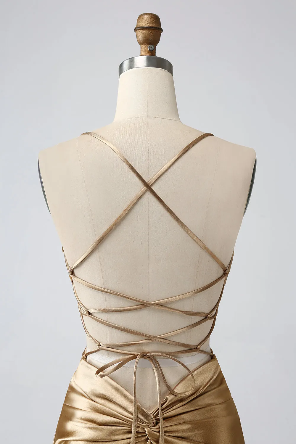 Golden Bodycon Spaghetti Straps Lace-up Back Short Homecoming Dress