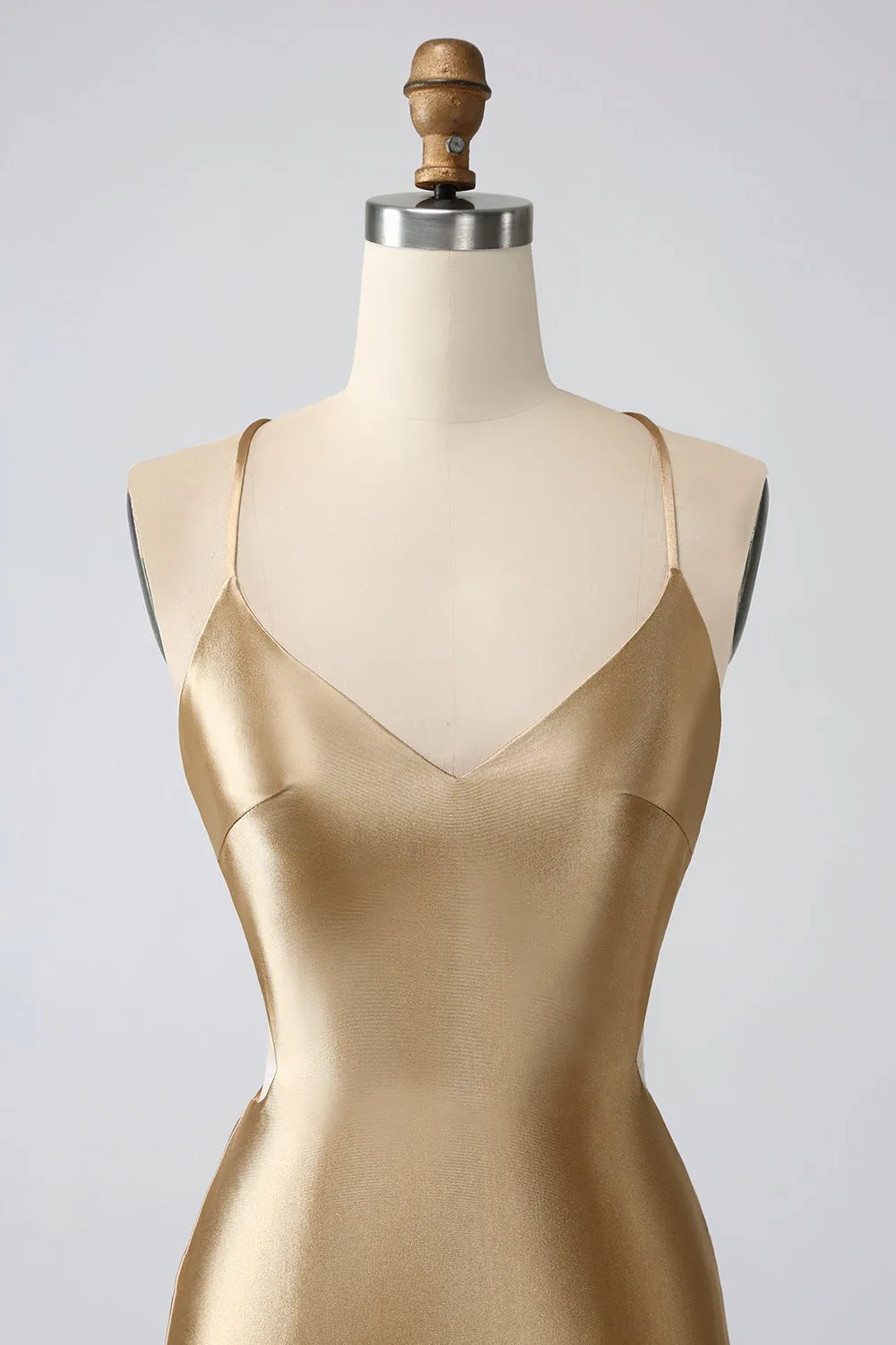 Golden Bodycon Spaghetti Straps Lace-up Back Short Homecoming Dress