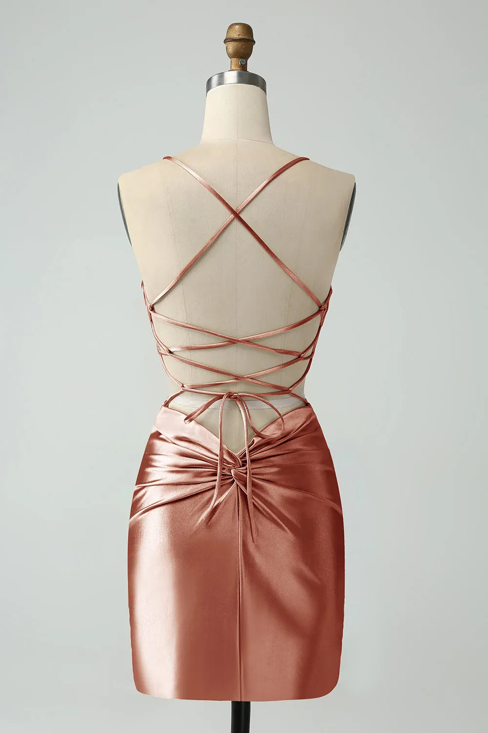 Golden Bodycon Spaghetti Straps Lace-up Back Short Homecoming Dress