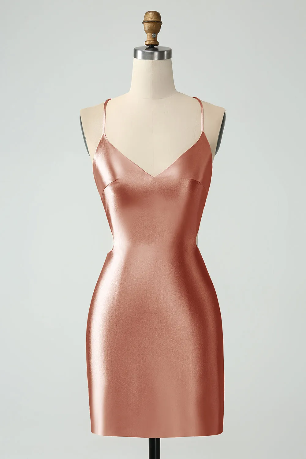 Golden Bodycon Spaghetti Straps Lace-up Back Short Homecoming Dress