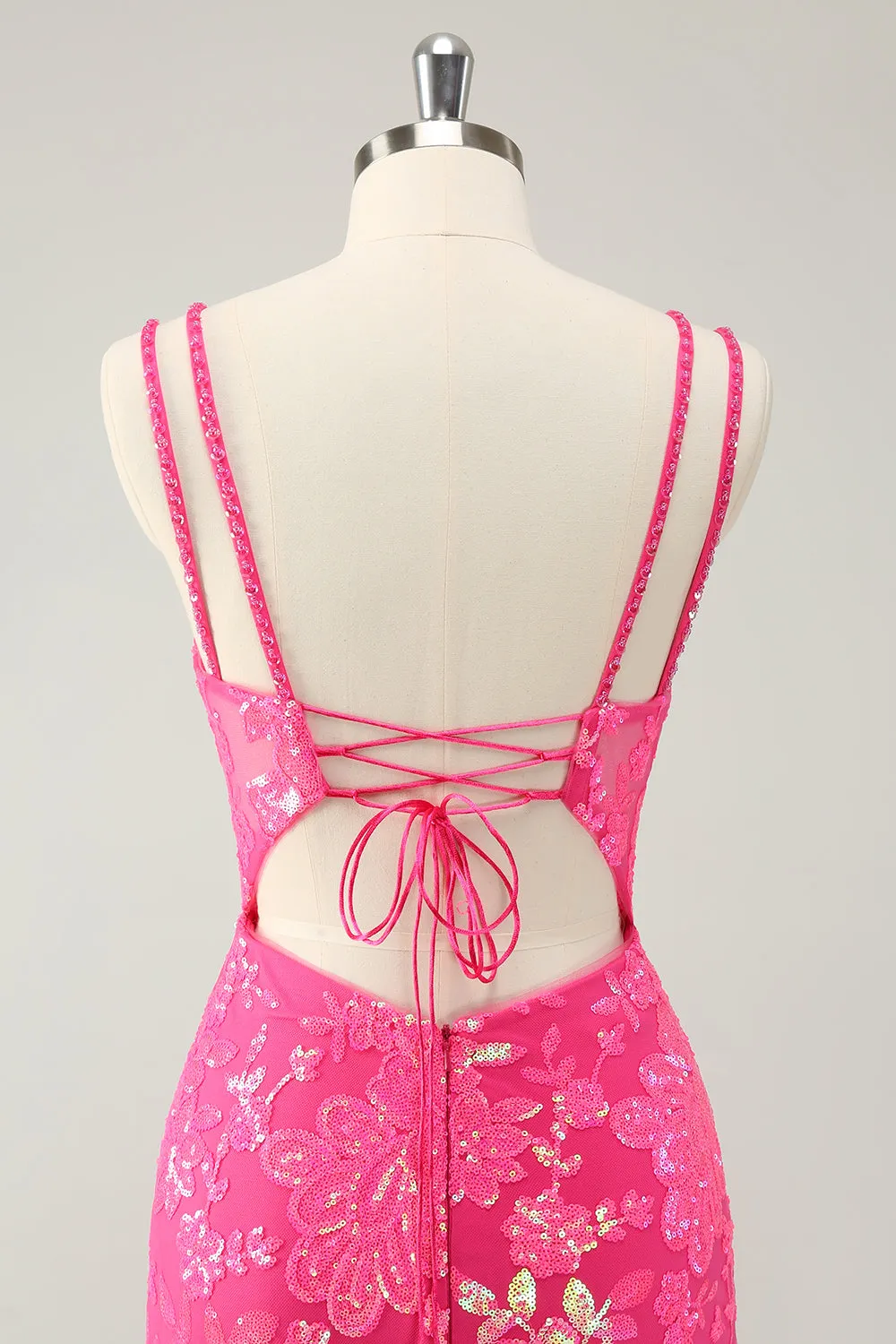 Gorgeous Hot Pink Bodycon Spaghetti Straps Glittler Homecoming Dress with Lace Up Back