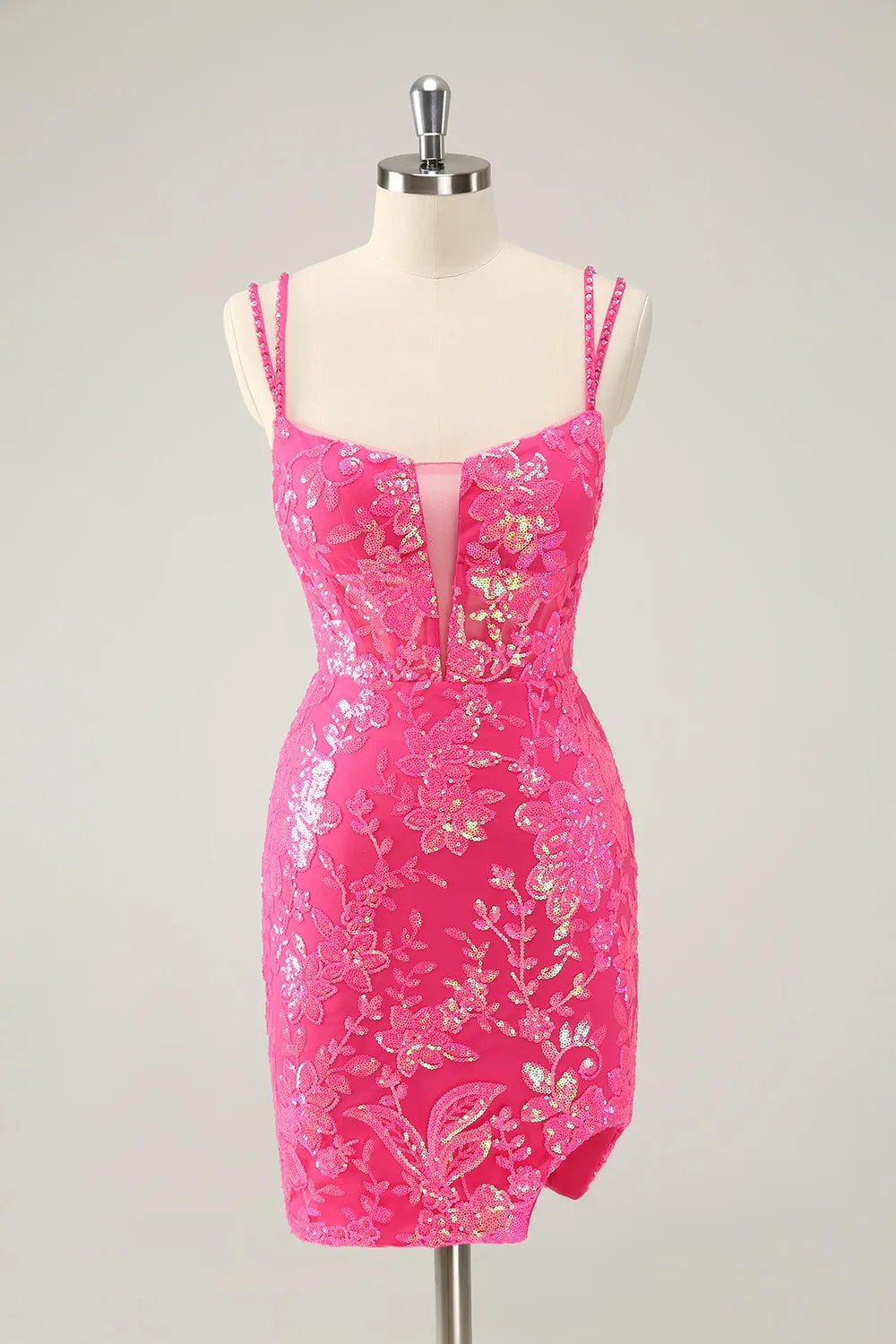 Gorgeous Hot Pink Bodycon Spaghetti Straps Glittler Homecoming Dress with Lace Up Back