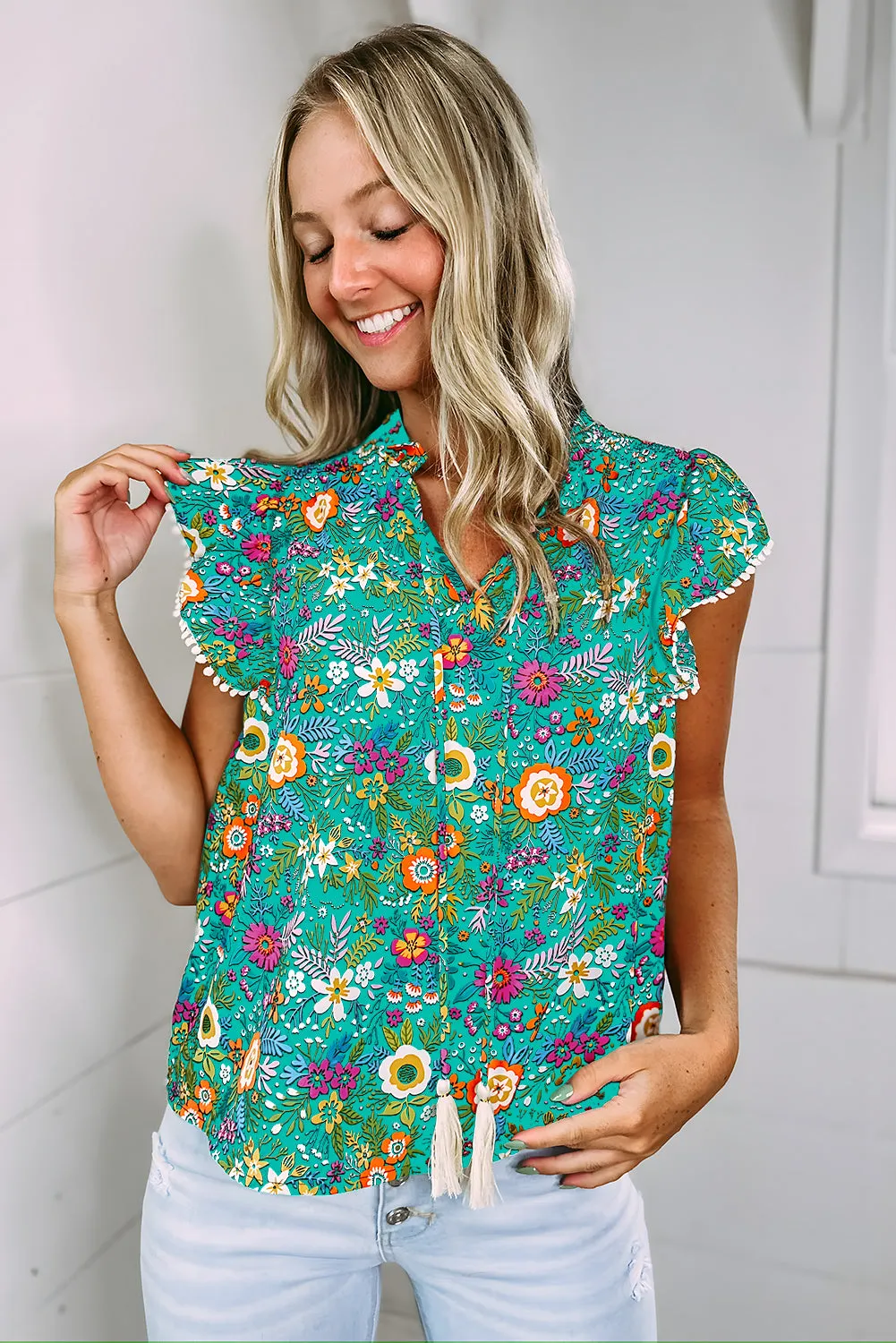 Green Lace Trim Flutter Sleeve Tropical Floral Blouse
