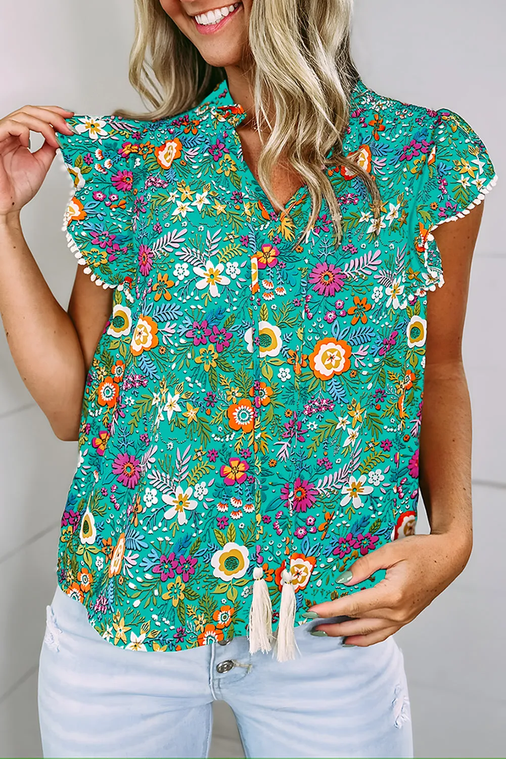 Green Lace Trim Flutter Sleeve Tropical Floral Blouse