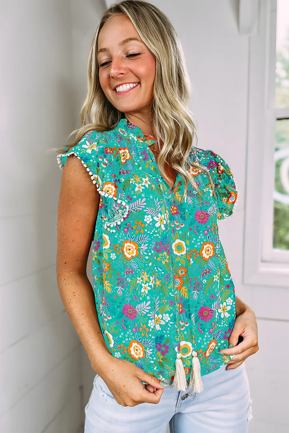 Green Lace Trim Flutter Sleeve Tropical Floral Blouse