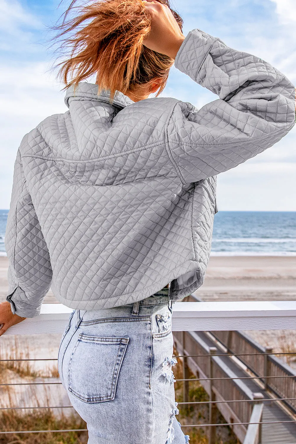 Green Quilted Pocketed Zip-up Cropped Jacket