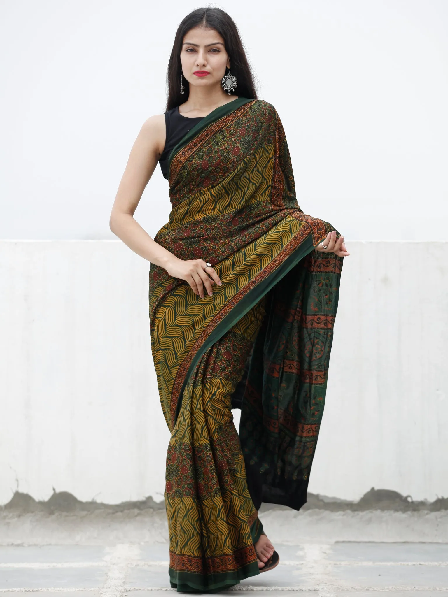 Green Yellow Maroon Ajrakh Hand Block Printed Modal Silk Saree in Natural Colors - S031703717