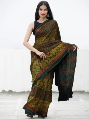 Green Yellow Maroon Ajrakh Hand Block Printed Modal Silk Saree in Natural Colors - S031703717
