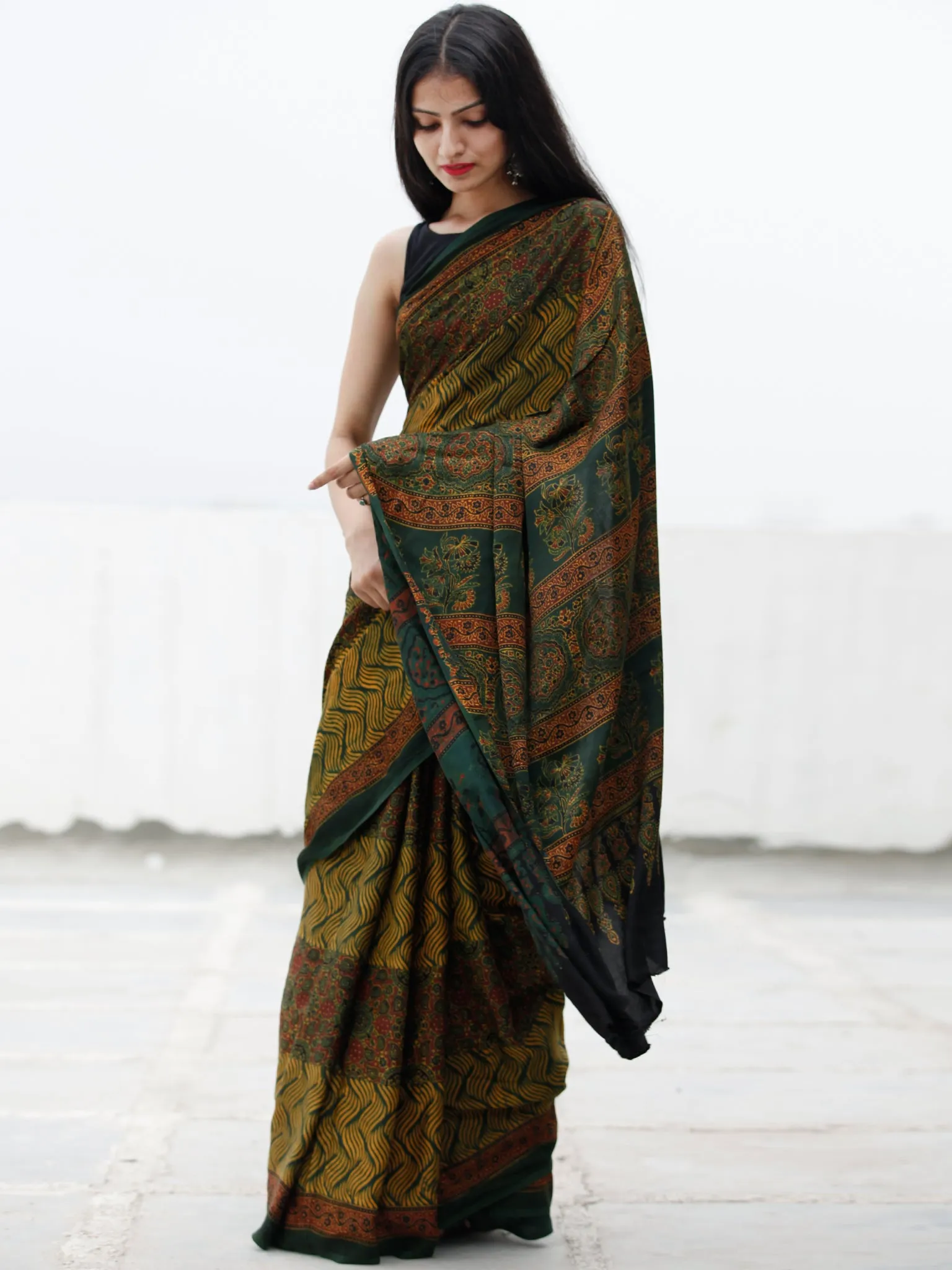 Green Yellow Maroon Ajrakh Hand Block Printed Modal Silk Saree in Natural Colors - S031703717