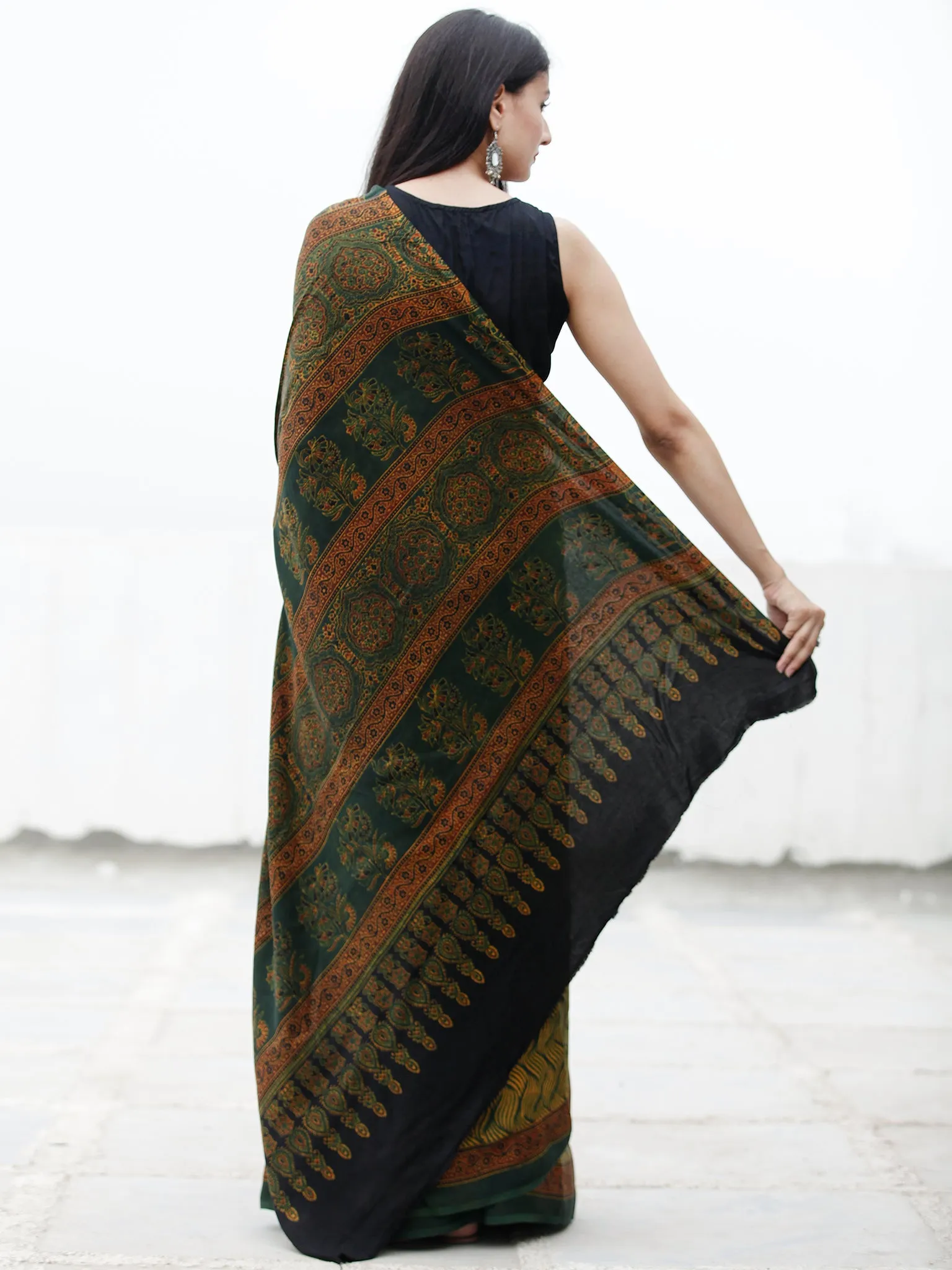 Green Yellow Maroon Ajrakh Hand Block Printed Modal Silk Saree in Natural Colors - S031703717