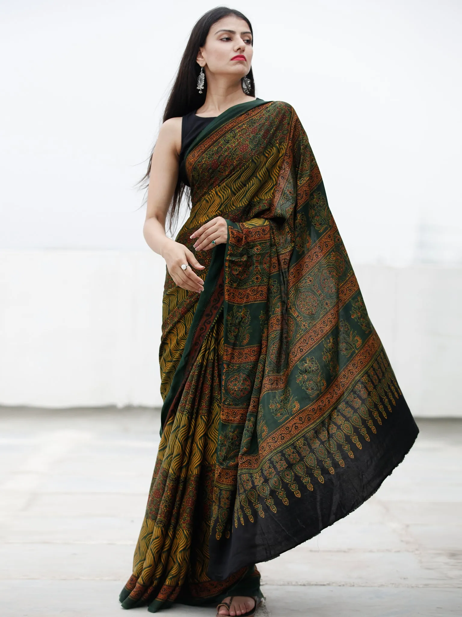 Green Yellow Maroon Ajrakh Hand Block Printed Modal Silk Saree in Natural Colors - S031703717