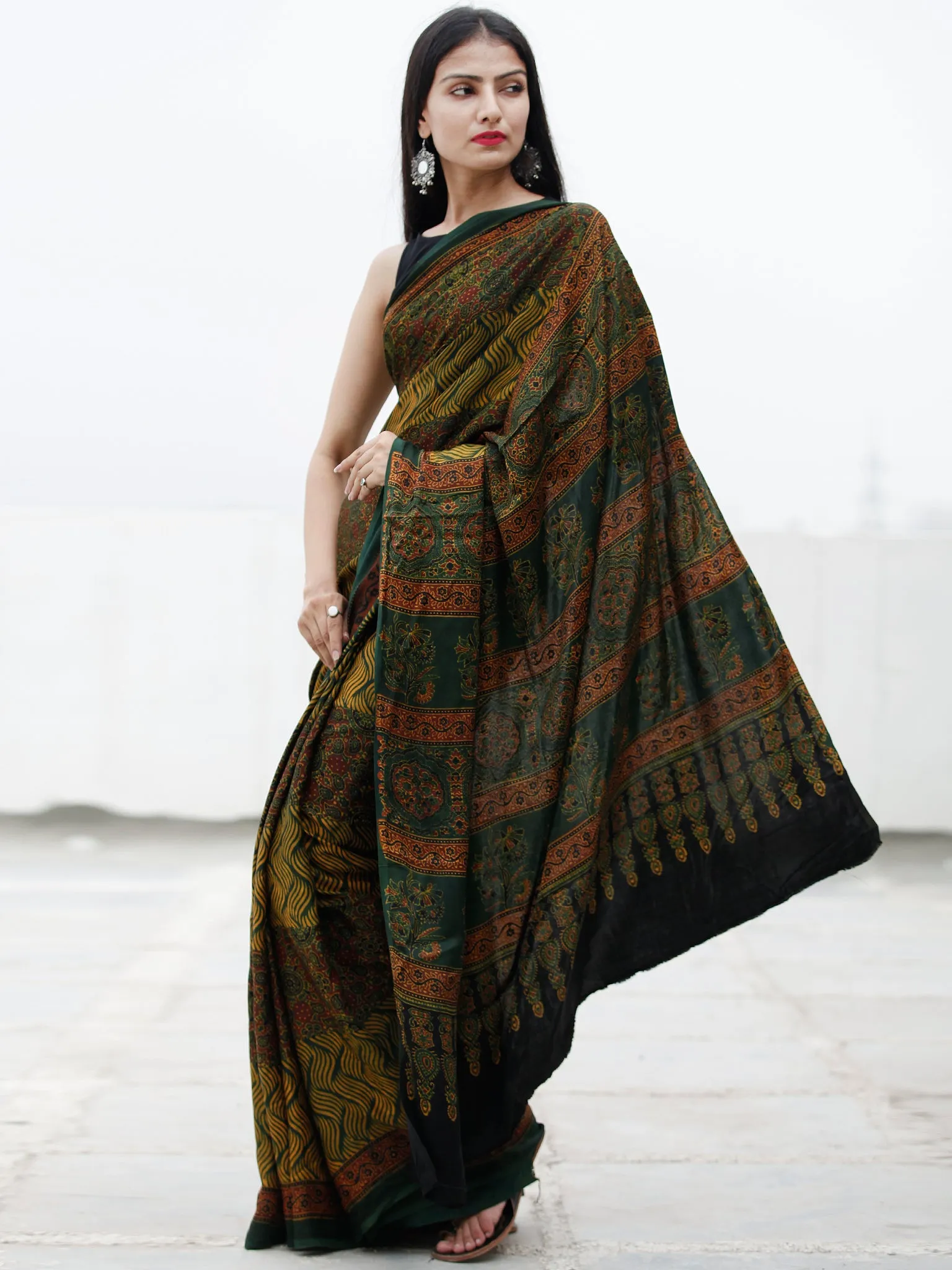 Green Yellow Maroon Ajrakh Hand Block Printed Modal Silk Saree in Natural Colors - S031703717