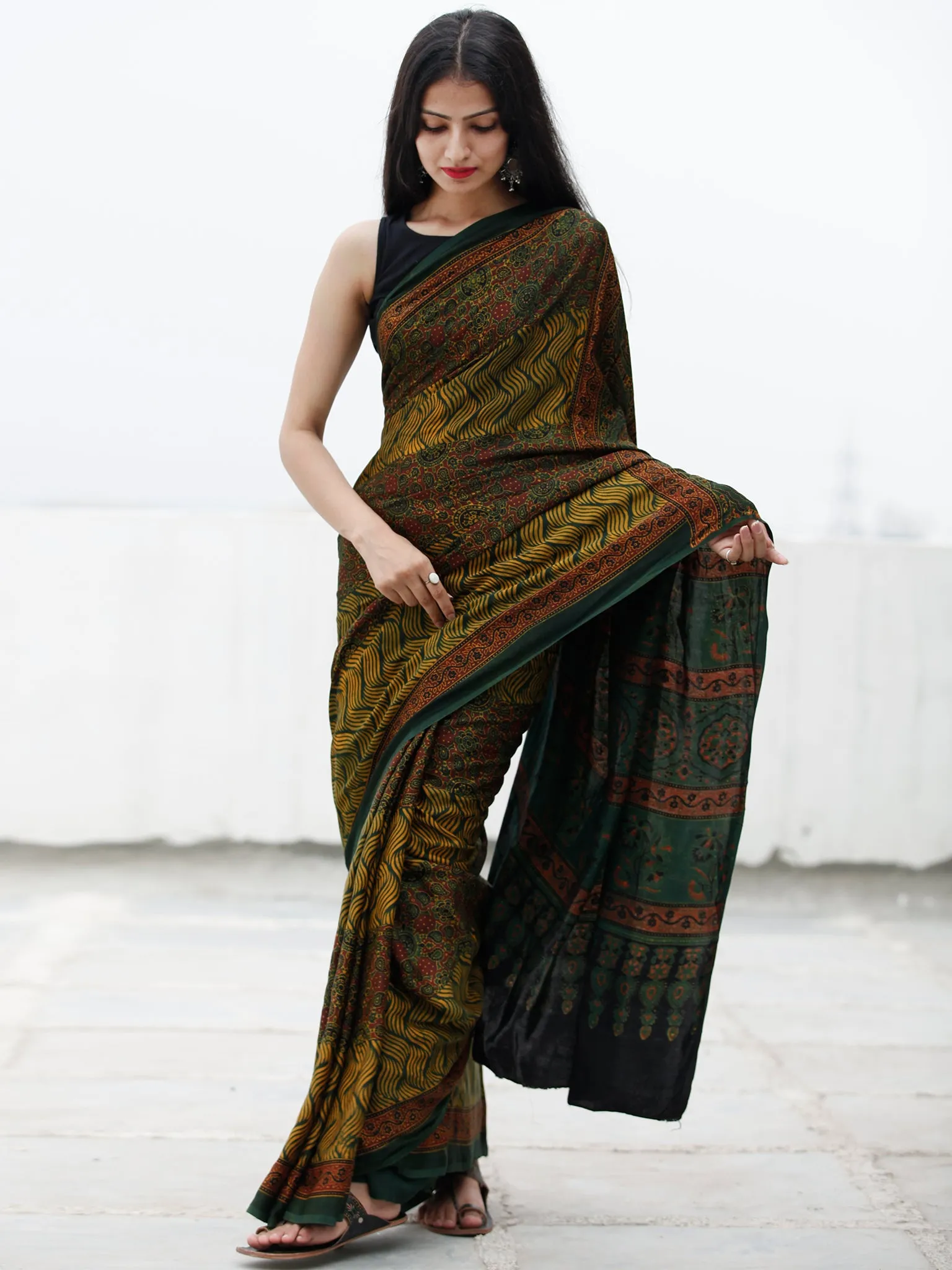 Green Yellow Maroon Ajrakh Hand Block Printed Modal Silk Saree in Natural Colors - S031703717