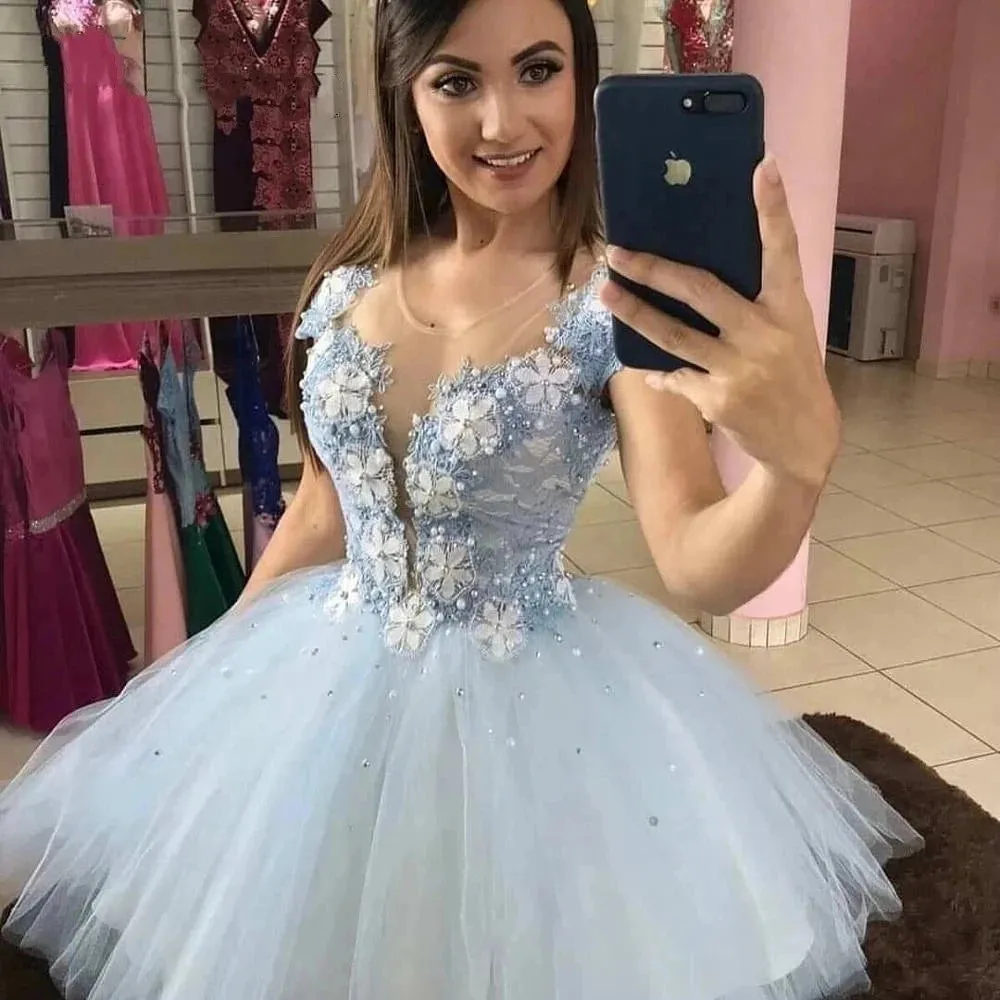 GUXQD Light Blue Short Homecoming Dresses Vestidos De Festa Vintage Sheer Neck Lace 3D Flower Graduation Party Gowns Lace-up