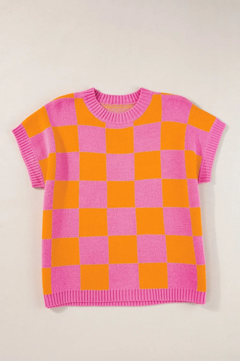 Hazel Blues® |  Checkered Round Neck Short Sleeve Sweater