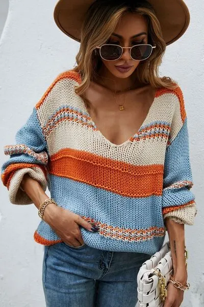 Hazel Blues® |  Color Block V-Neck Dropped Shoulder Sweater